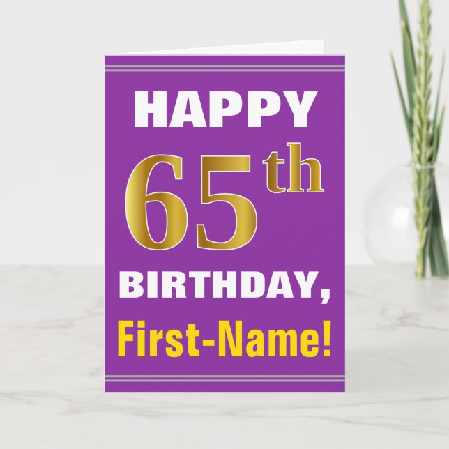 Bold, Purple, Faux Gold 65th Birthday w/ Name Card (Front)