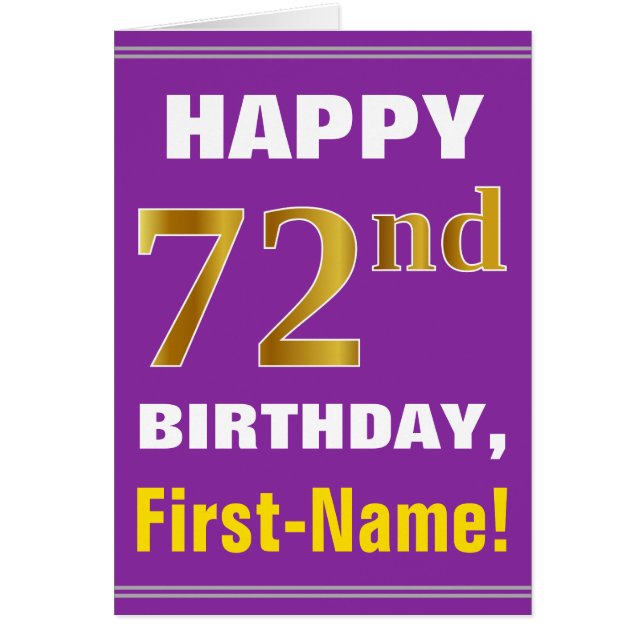 Bold, Purple, Faux Gold 72nd Birthday w/ Name Card (Front)