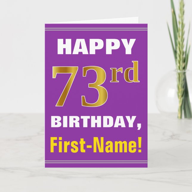 Bold, Purple, Faux Gold 73rd Birthday w/ Name Card (Front)