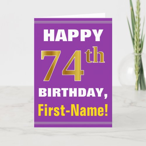 Bold Purple Faux Gold 74th Birthday w Name Card