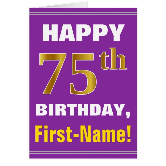 Bold, Purple, Faux Gold 75th Birthday w/ Name Card (Front)