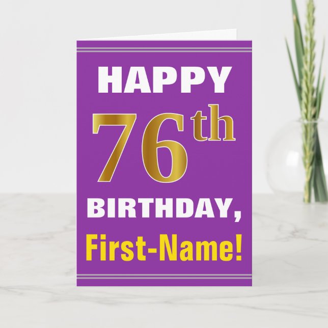 Bold, Purple, Faux Gold 76th Birthday w/ Name Card (Front)