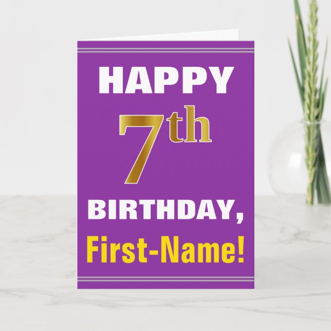 Bold, Purple, Faux Gold 7th Birthday w/ Name Card (Front)