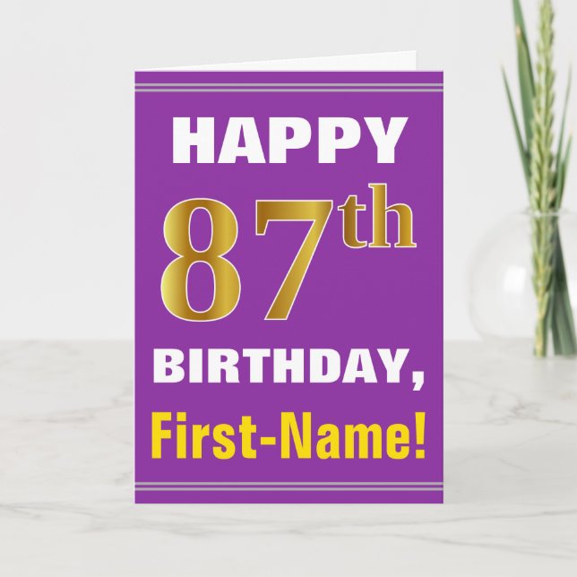 Bold, Purple, Faux Gold 87th Birthday w/ Name Card (Front)