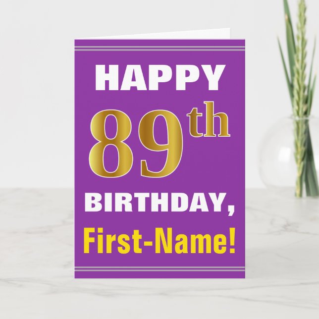 Bold, Purple, Faux Gold 89th Birthday w/ Name Card (Front)
