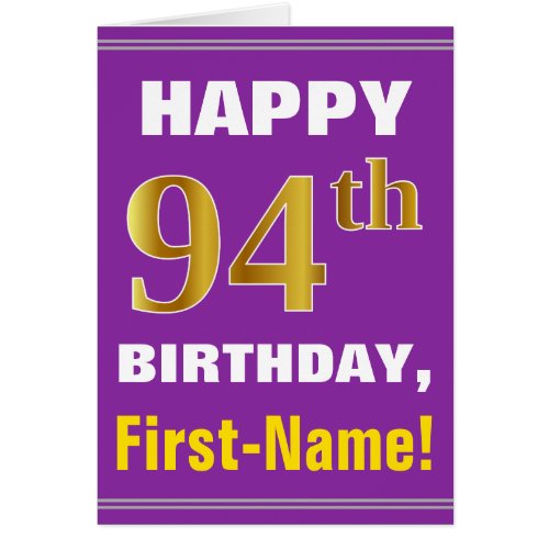 Bold Purple Faux Gold 94th Birthday w Name Card