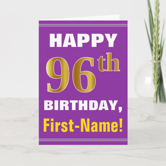 Bold, Purple, Faux Gold 96th Birthday w/ Name Card (Front)