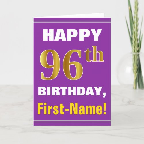 Bold Purple Faux Gold 96th Birthday w Name Card