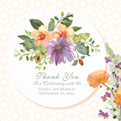 Bold Purple Floral Green Peach Wedding Thank You Classic Round Sticker