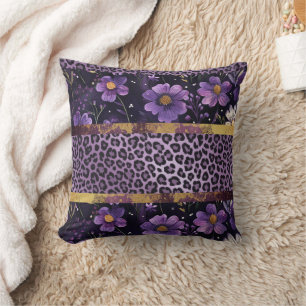 Bold purple floral leopard print throw pillow