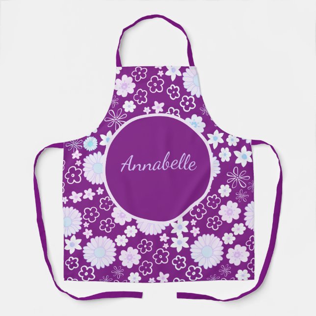 Bold Purple Flowers Girly Floral Pattern Named Apron (Front)