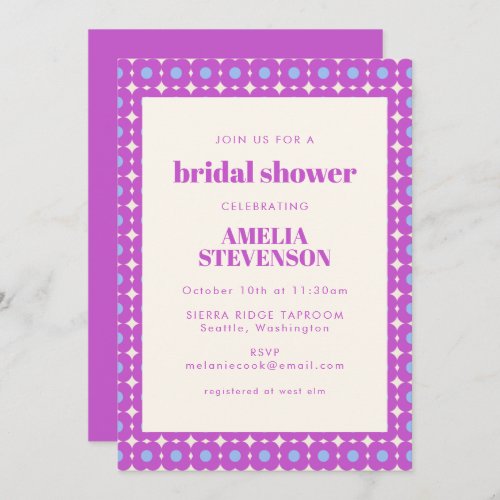 Bold Purple Geometric Floral Mod 60s Bridal Shower Invitation