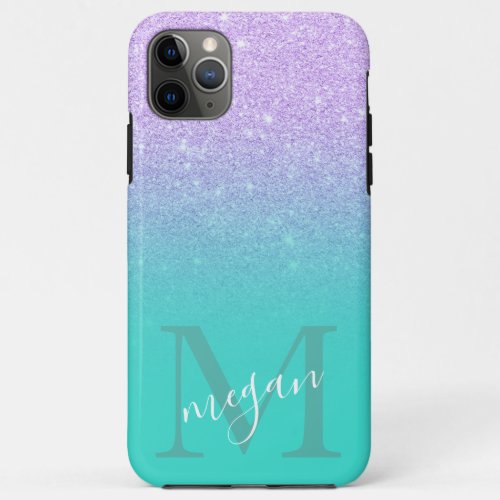 Bold purple glitter ombre turquoise monogrammed iPhone 11 pro max case