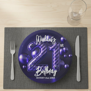 Bold Purple Glitter Striped 21st Birthday Paper Plates