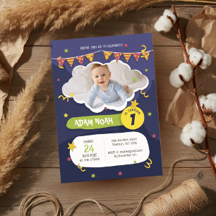 Bold Purple Green Confetti 1st Birthday Photo Invitation