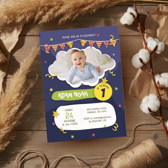 Bold Purple Green Confetti 1st Birthday Photo  Invitation (Creator Uploaded)