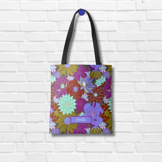 Bold purple green floral pattern and custom name tote bag (Creator Uploaded)