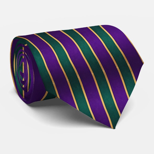 Bold Purple Green & Gold Striped  Neck Tie (Rolled)