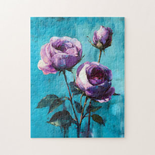 Bold Purple Roses on Blue Jigsaw Puzzle