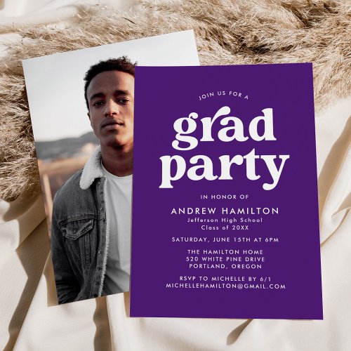 Bold Purple Typography Photo Graduation Party Invitation