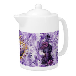 Bold Purple Violin & Lilac Floral Porcelain Teapot