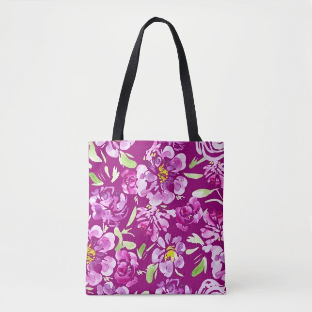 Bold Purple Watercolor Flower Pattern Tote Bag (Front)