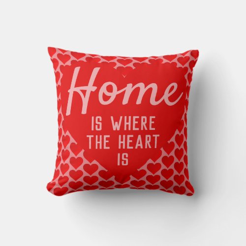 Bold Quote Home is Where The Heart Is _ Red  Pink Throw Pillow