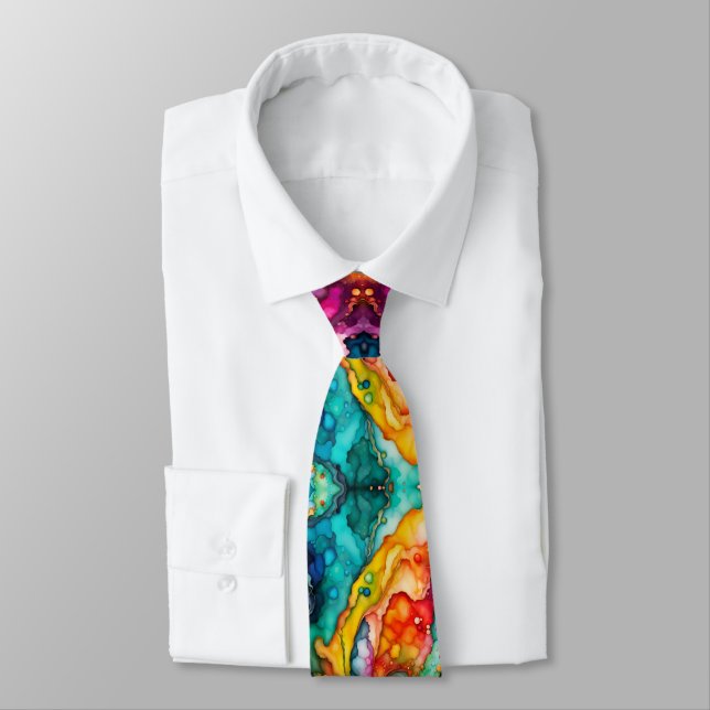Bold Rainbow Fluid Art Pattern in Vivid Abstract C Neck Tie (Tied)