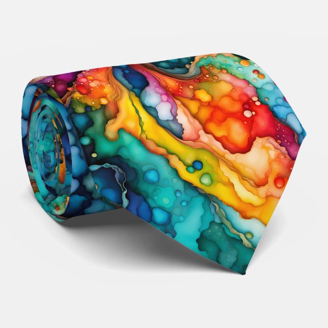 Bold Rainbow Fluid Art Pattern in Vivid Abstract C Neck Tie (Rolled)
