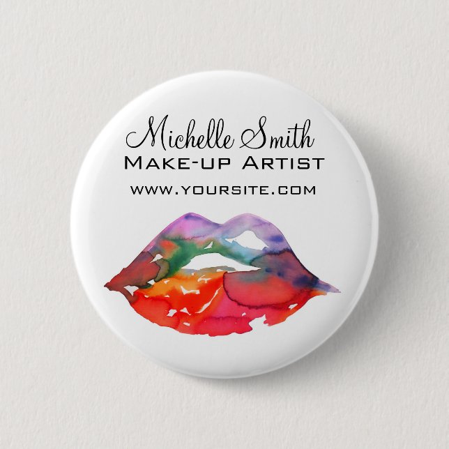 Bold Rainbow Lips Watercolor Drawing Beauty Makeup Button (Front)