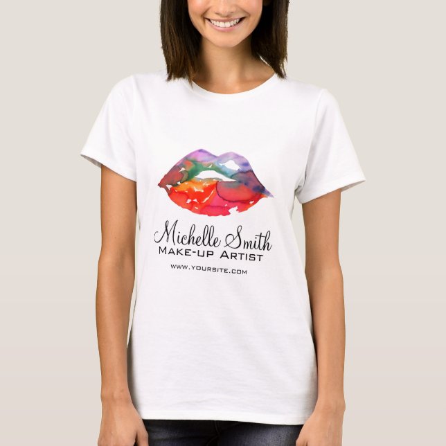 Bold Rainbow Lips Watercolor Drawing Beauty Makeup T-Shirt (Front)