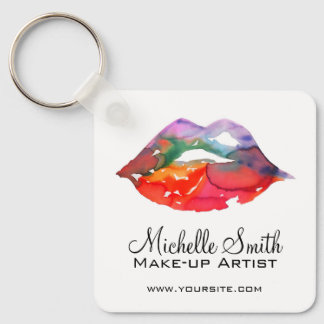 Bold Rainbow Lips Watercolor Drawing Makeup QR Keychain