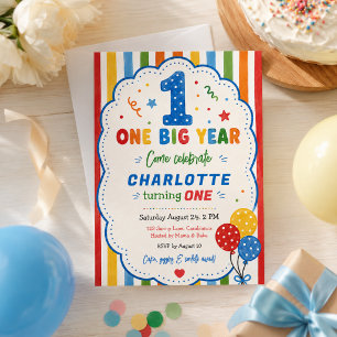 Bold Rainbow One Big Year  1st Birthday party Invitation