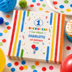 Bold Rainbow One Big Year 1st Birthday party Napkins