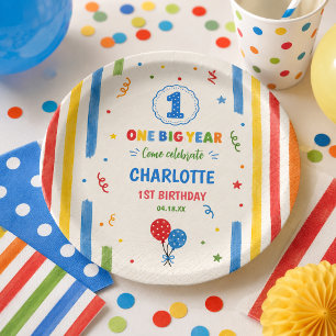 Bold Rainbow One Big Year 1st Birthday party Paper Plates