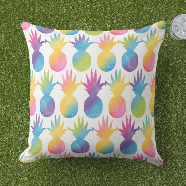 Bold Rainbow Pineapple Pattern Tropical Outdoor Pillow (Grass)