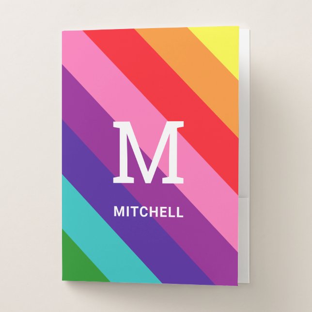 Bold Rainbow Stripe Monogram Name School Pocket Folder (Front)