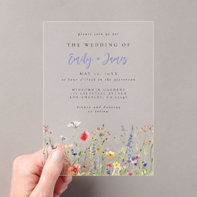 Bold Rainbow Wildflower Wedding Acrylic Invitations (Insitu (Handheld))