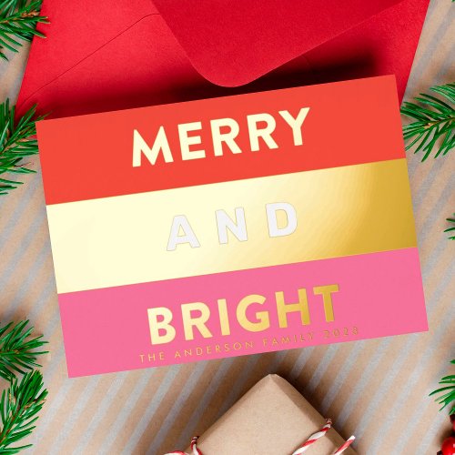 Bold Real Gold Modern Stripes MERRY AND BRIGHT Foil Holiday Card