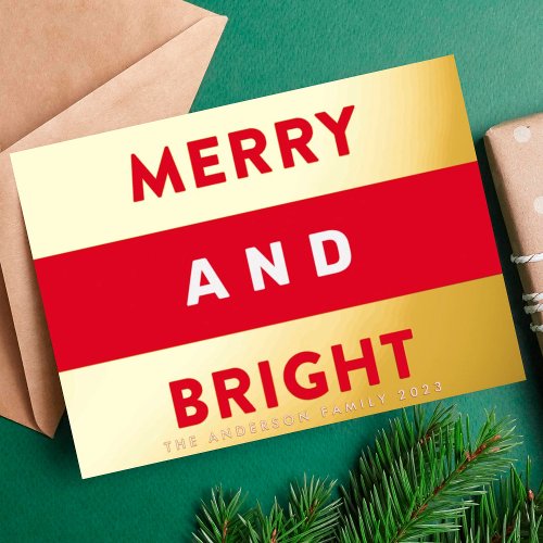 Bold Real Gold Modern Stripes Merry and Bright Foil Holiday Card