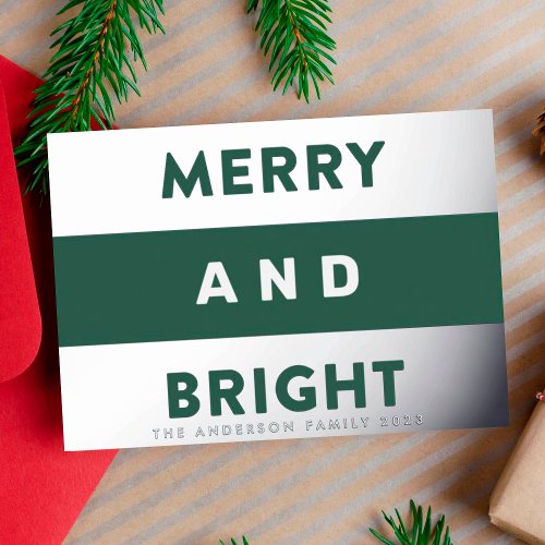 Bold Real Silver Modern Stripes Merry and Bright Foil Holiday Card