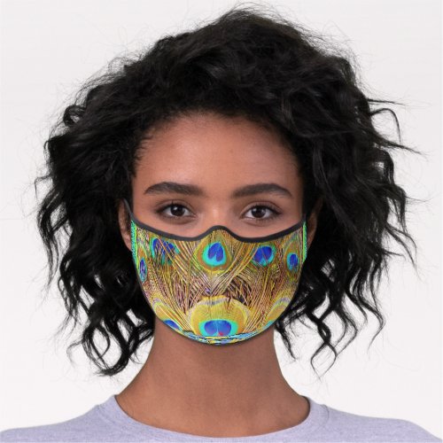 Bold Realistic Peacock Feather Photo Teal Blue Premium Face Mask
