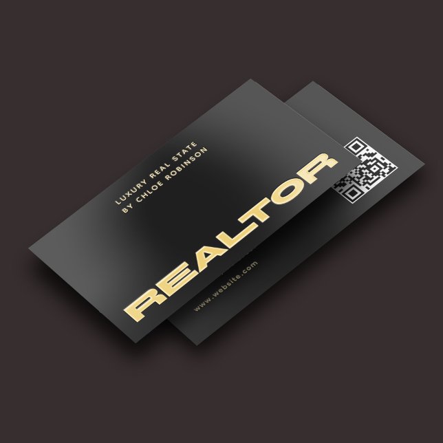 Bold Realtor Luxury Modern QR Code Black Foil Business Cards (Creator Uploaded)