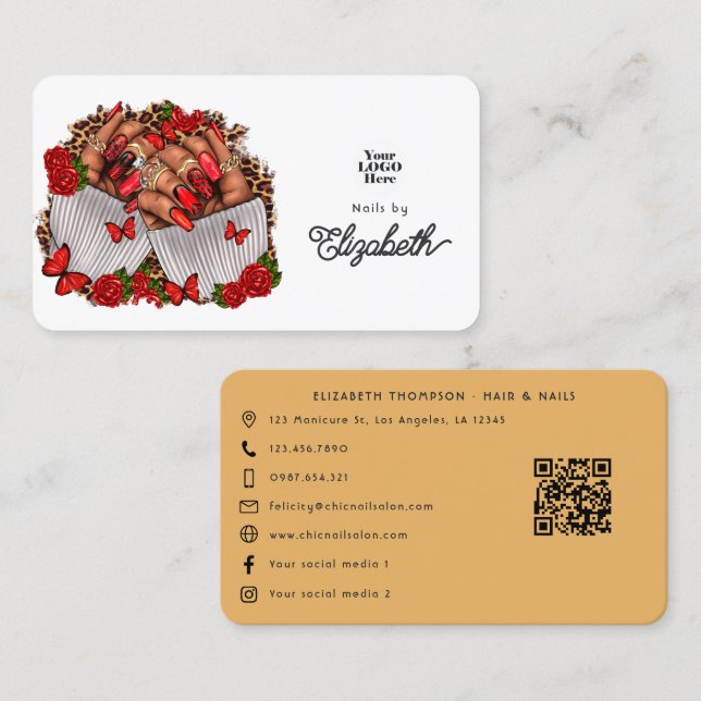 Bold Red African American Nail Salon Design Business Card (Front/Back)