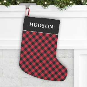 Bold Red and Black Buffalo Check Family Name Small Christmas Stocking