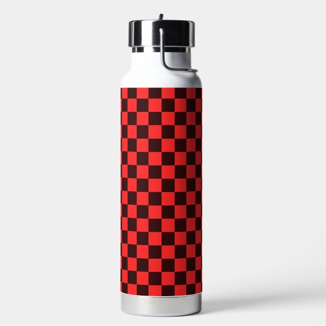 Bold Red and Black Checkered Pattern Design Water Bottle (Left)