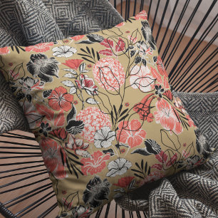 Bold Red and Black Floral Pattern Throw Pillow
