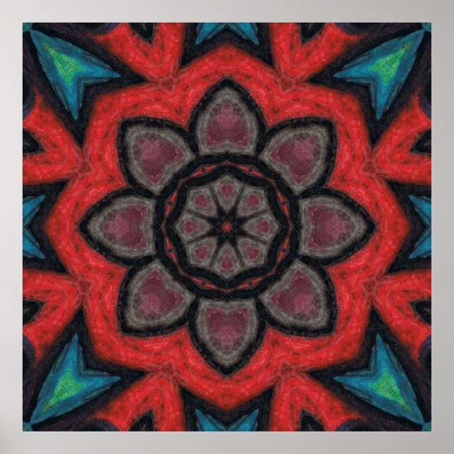 Bold Red and Black Kaleidoscope Flower Mandala Poster (Front)
