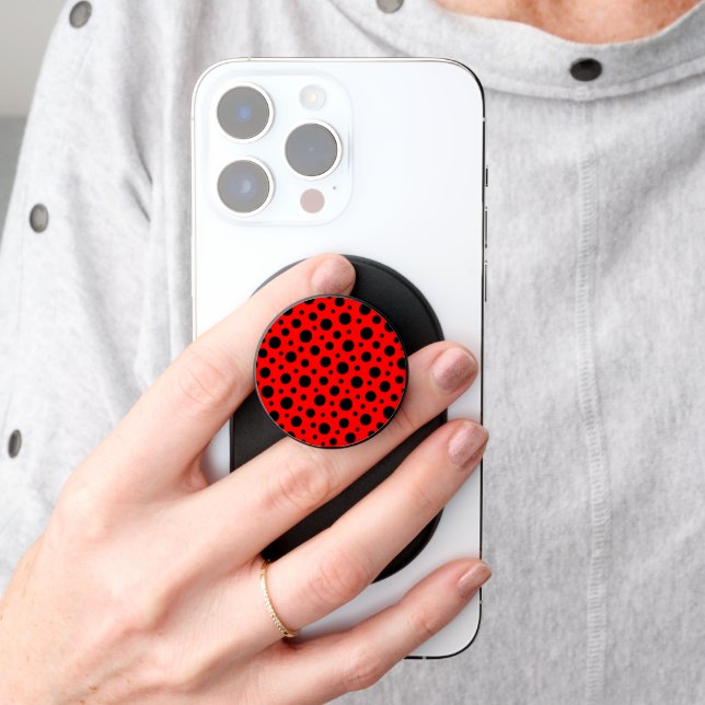 Bold Red and Black Polka Dot Pattern Design PopSocket (Hand)