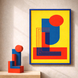Bold Red and Blue Shapes on a Yellow Background Poster
